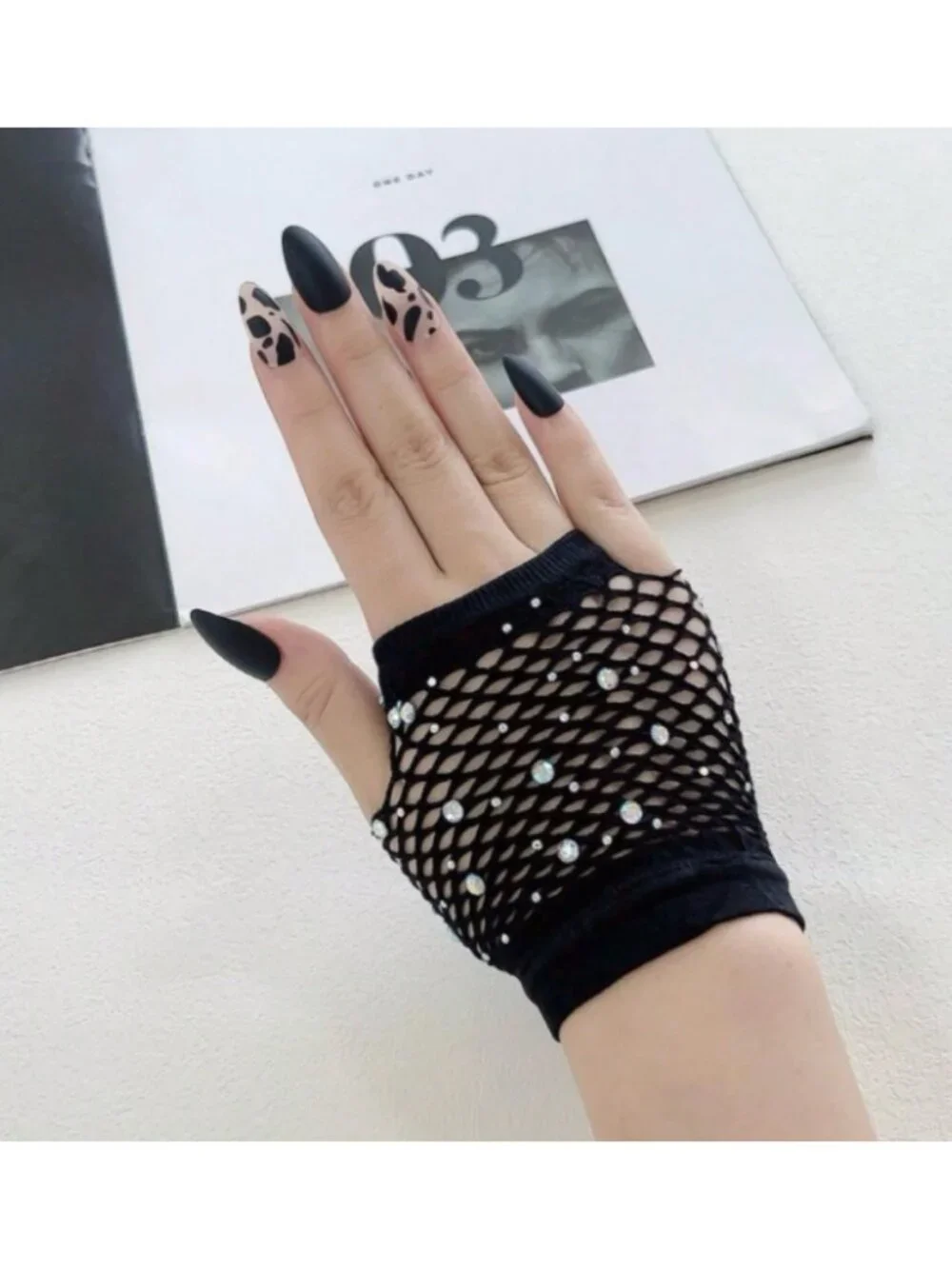 Women’s Punk Fishnet Rhinestone Fingerless Gloves Gothic Short Half Finger Sleev